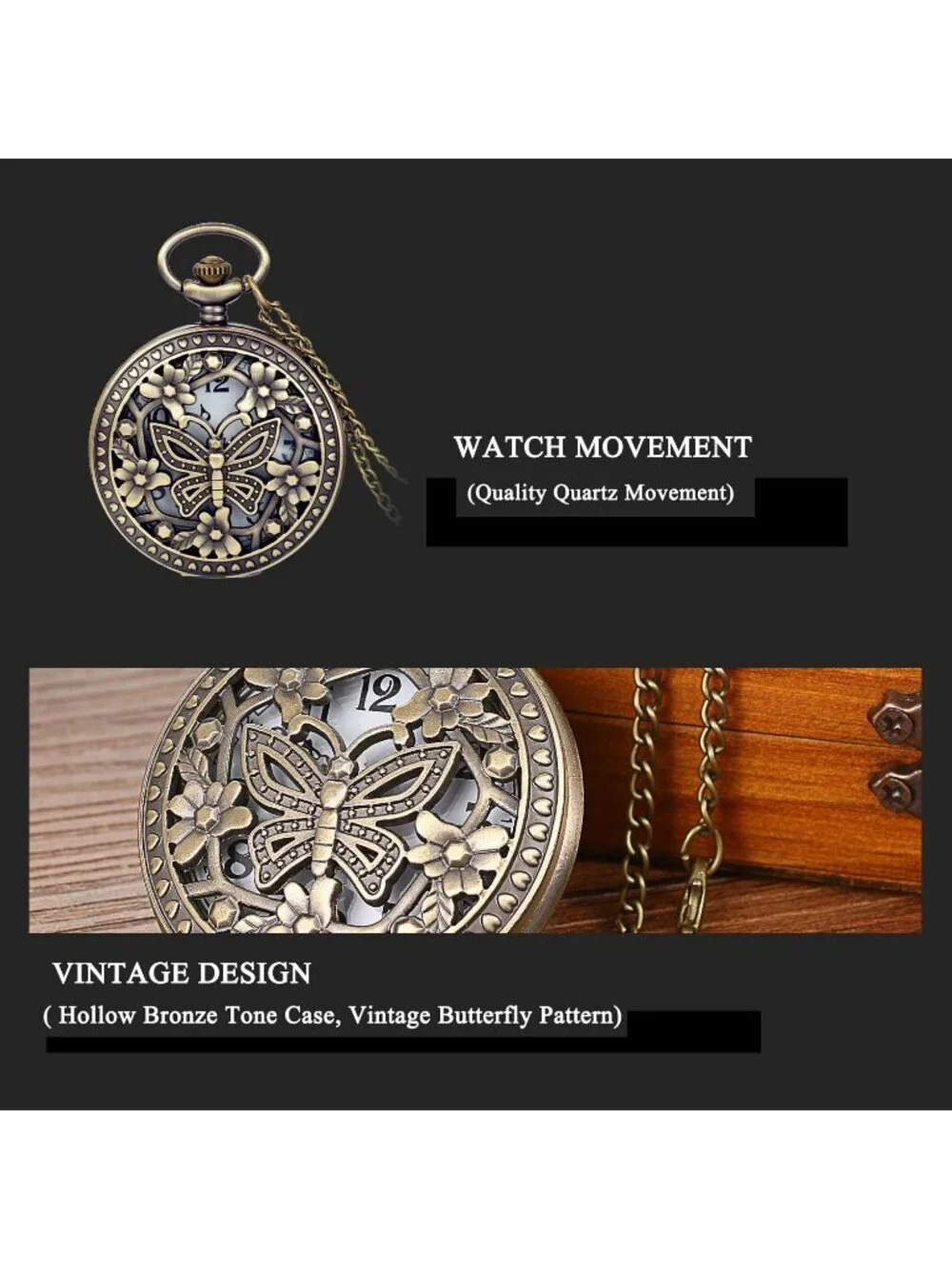 Women's White Quartz Antique Bronze Retro Hollow Butterfly Round Pocket Watch
